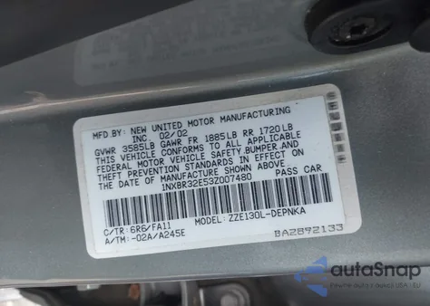 2003 Toyota Corolla Le from USA, damaged, VIN 1NXBR32E53Z007480